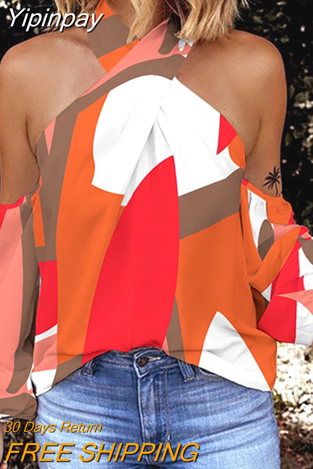 Yipinpay summer new fashion women Leaf Print Crisscross Halter Cold Shoulder Top