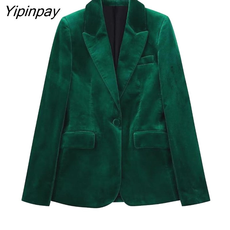 Yipinpay New Women Autumn Velvet Blazer Pants Set 2023 Fashion Office Single Button Jacket Coat Female Oversize Clothes Outerwear