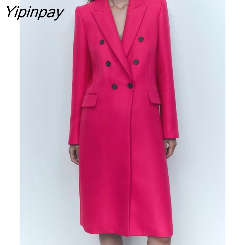 Yipinpay Women Solid Coats 2023 Thick Lapel Double Breasted Long Coats Lady Outerwear Fashion Long Clothes 2023 Autumn Winter