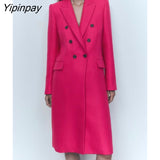 Yipinpay Women Solid Coats 2023 Thick Lapel Double Breasted Long Coats Lady Outerwear Fashion Long Clothes 2023 Autumn Winter