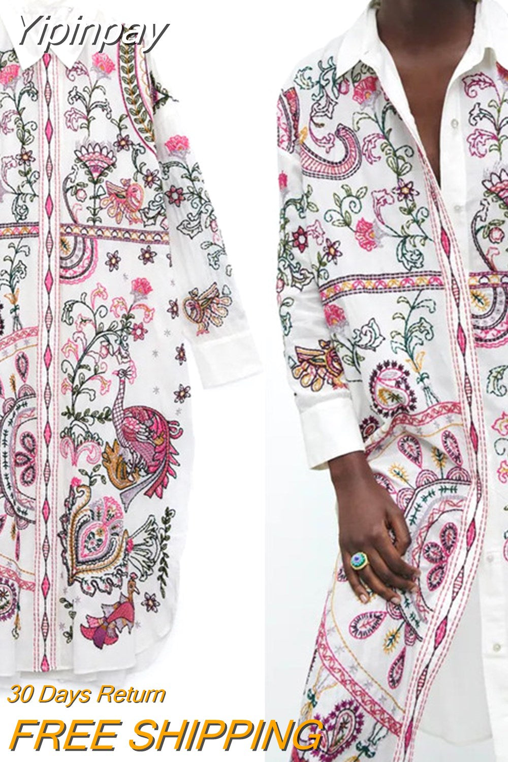 Yipinpay 2023 Print Long Shirt Women Button Up White Shirt Woman Vintage Long Sleeve Blouse Female Asymmetric Hem Summer Top