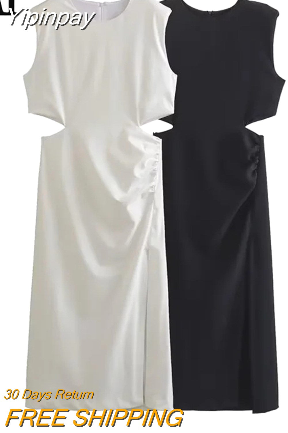 Yipinpay 2023 Cut Out Long Dress Women Summer Sleeveless White Black Dress Woman Fashion Ruched Midi Elegant Party Dresses For Women
