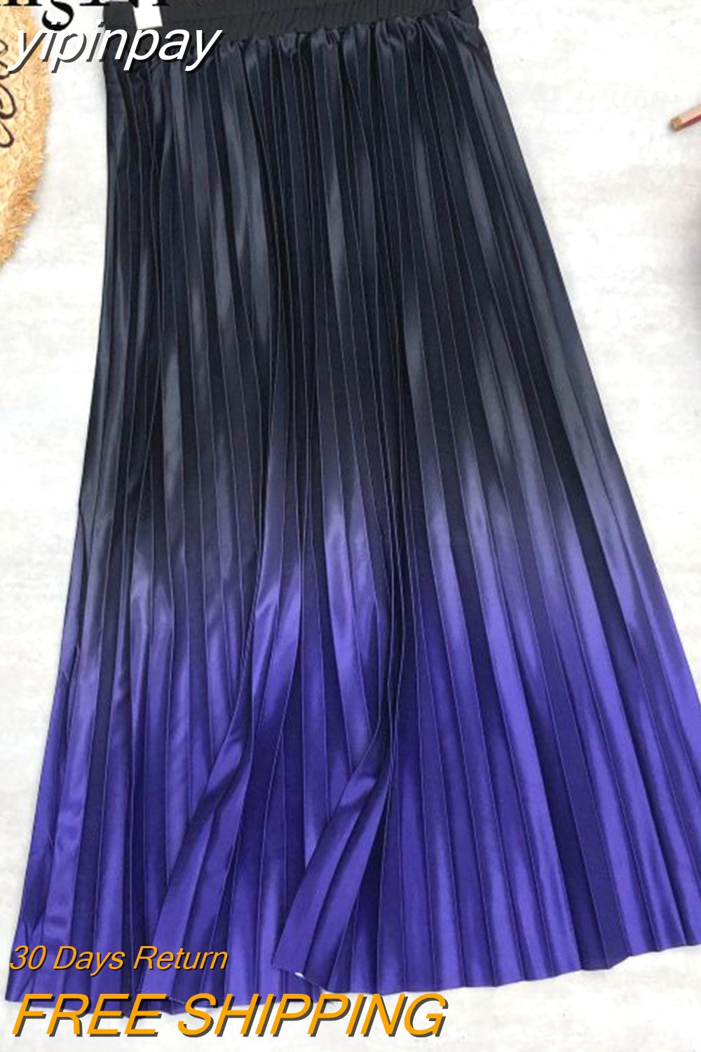 yipinpay 2023 Pleated Midi Skirts Womens Satin Tie Dye Gradient High Waist Long Skirt Stylish Casual Elegant Faldas Female Jupe