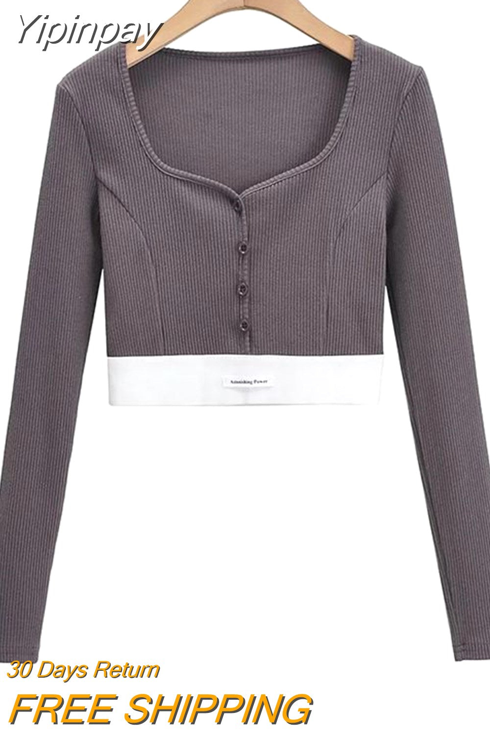 Yipinpay Fashion Patchwork Y2k Crop Tops Women Spring Autumn Slim Square Neck T Shirt Streetwear Single Breasted Long Sleeve Top