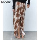 Yipinpay 2023 Ladies Printed Straight Skirts Spring Autumn High Waist Back Split Skirt Female Zipper Midi Pencil Skirt
