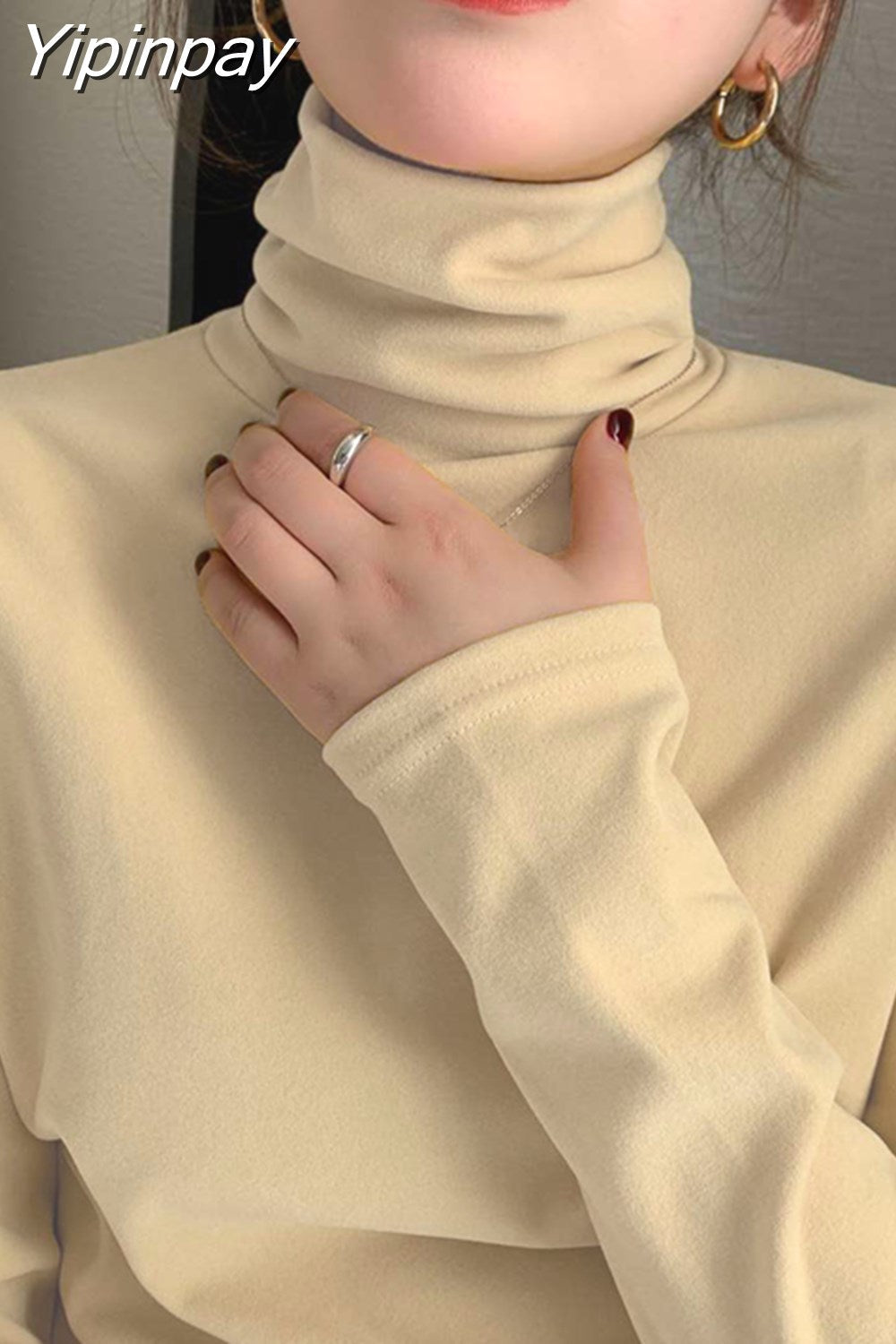 Yipinpay Women Polar Fleece Warm Tops Korean Solid Shirt for Girls Autumn Winter Turtleneck Long-sleeved Inside T-shirts