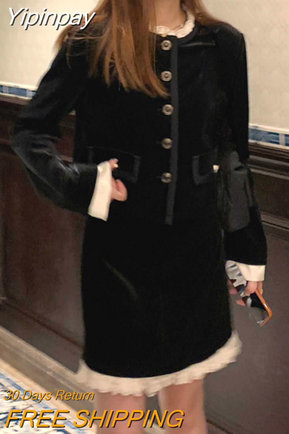 Yipinpay 2 Piece Dress Set Woman Vintage Velvet Suit Slim Balck Lace Tops + Elegant Y2k Mini Skirt Casual Design 2023 Auutumn