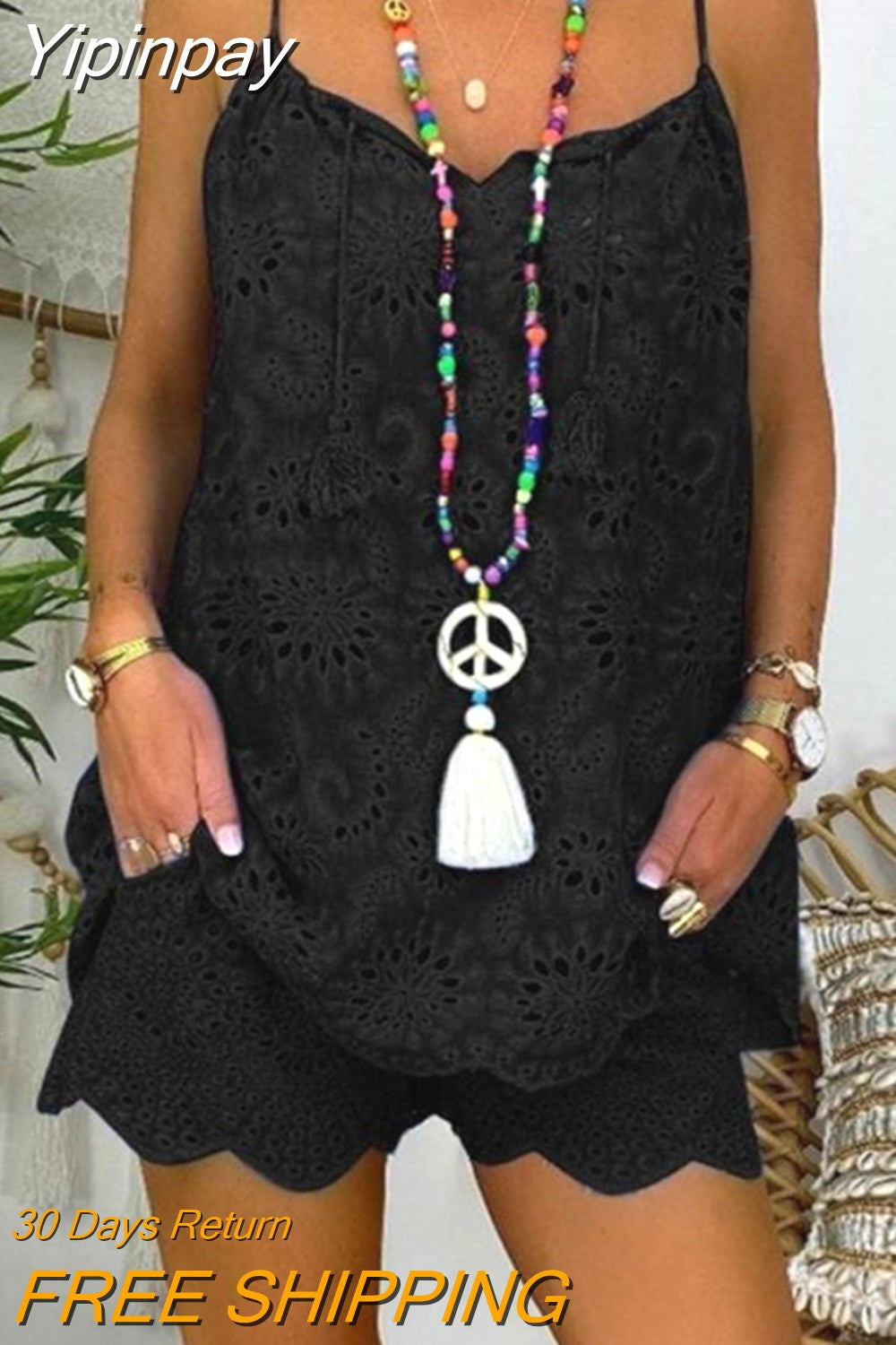 Yipinpay Two Piece Sets Women Outifits Casual V-Neck Sleeveless Camis Eyelet Embroidery Tassel Top Shorts Set 2023 Fashion Women Suit