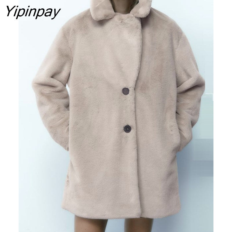 Yipinpay 2023 Women Faux Fur Thicken Coat Autumn Winter Vintage Warm Long Sleeve Pockets Female Single Breasted Outerwear Chic Tops