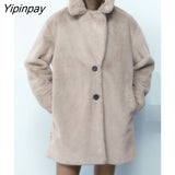 Yipinpay 2023 Women Faux Fur Thicken Coat Autumn Winter Vintage Warm Long Sleeve Pockets Female Single Breasted Outerwear Chic Tops
