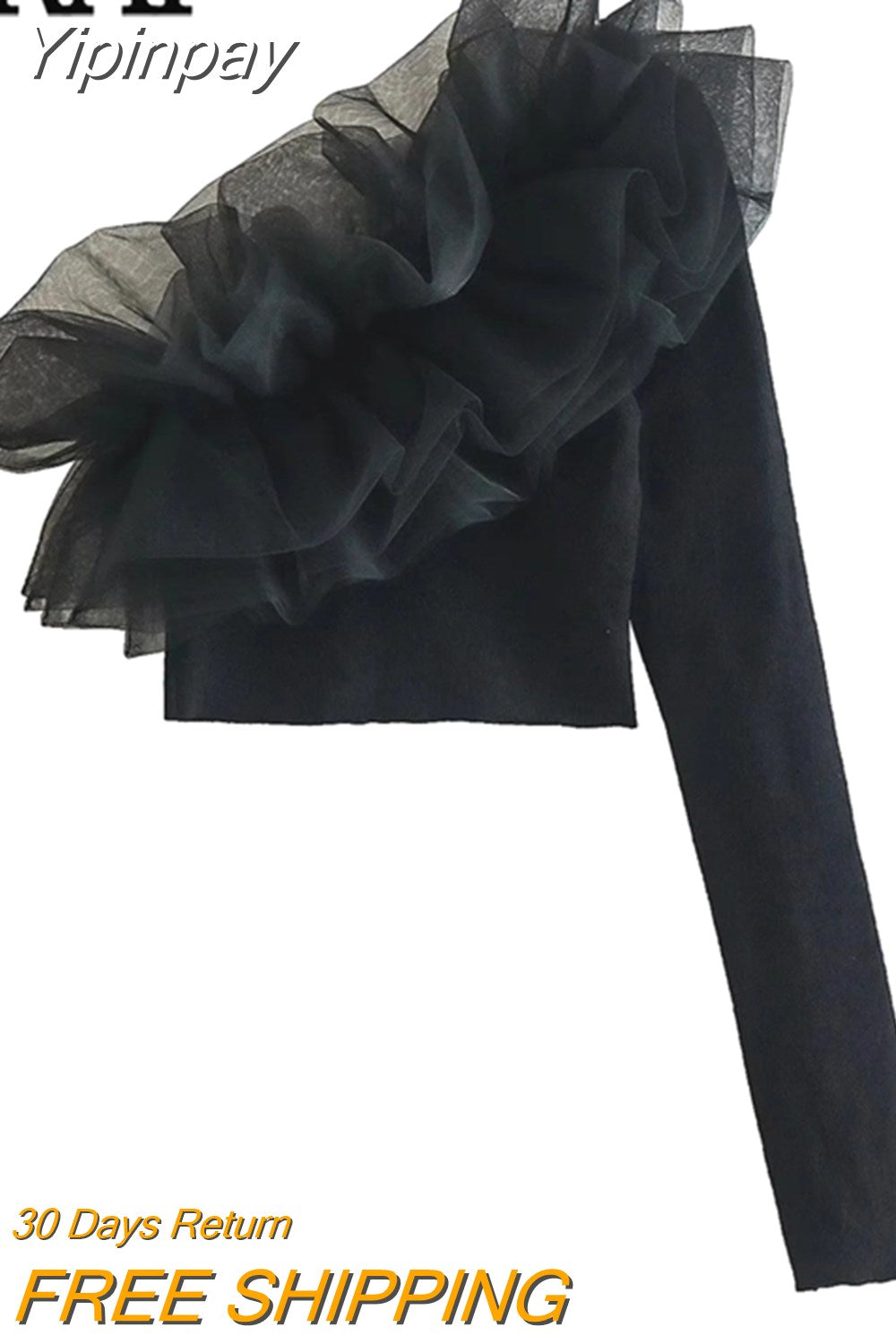 Yipinpay Ruffle Black Crop Top Women Asymmetric Knit Top Female Off Shoulder Long Sleeve Autumn Blouse Woman 2023 Organza Sexy Tops
