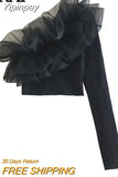 Yipinpay Ruffle Black Crop Top Women Asymmetric Knit Top Female Off Shoulder Long Sleeve Autumn Blouse Woman 2023 Organza Sexy Tops