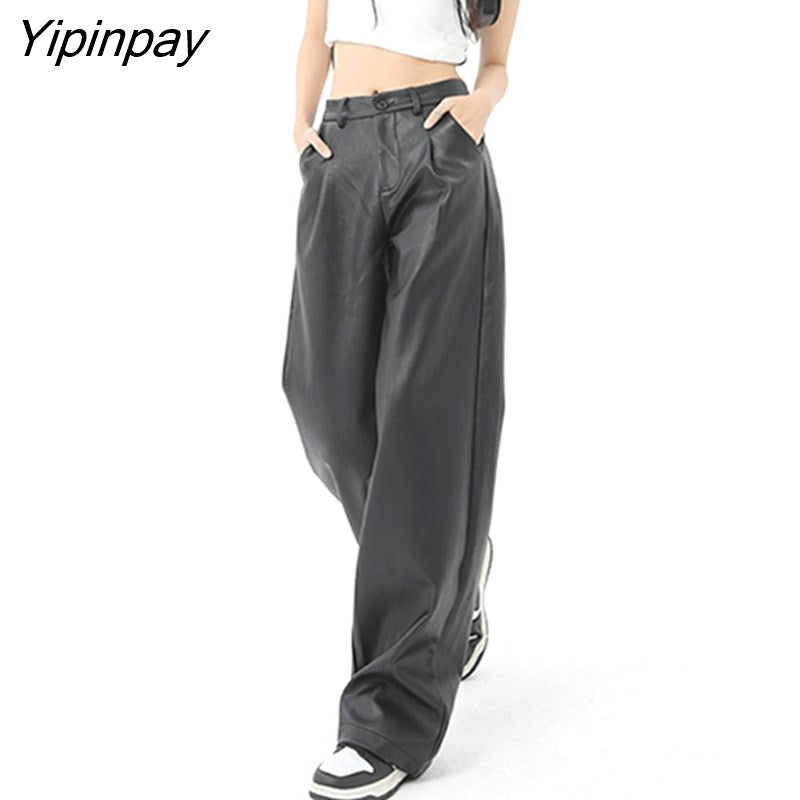 Yipinpay 2023 Spring Casual Straight Wide Leg Pants High Waisted Pu Leather Pants Ladies Solid Trousers