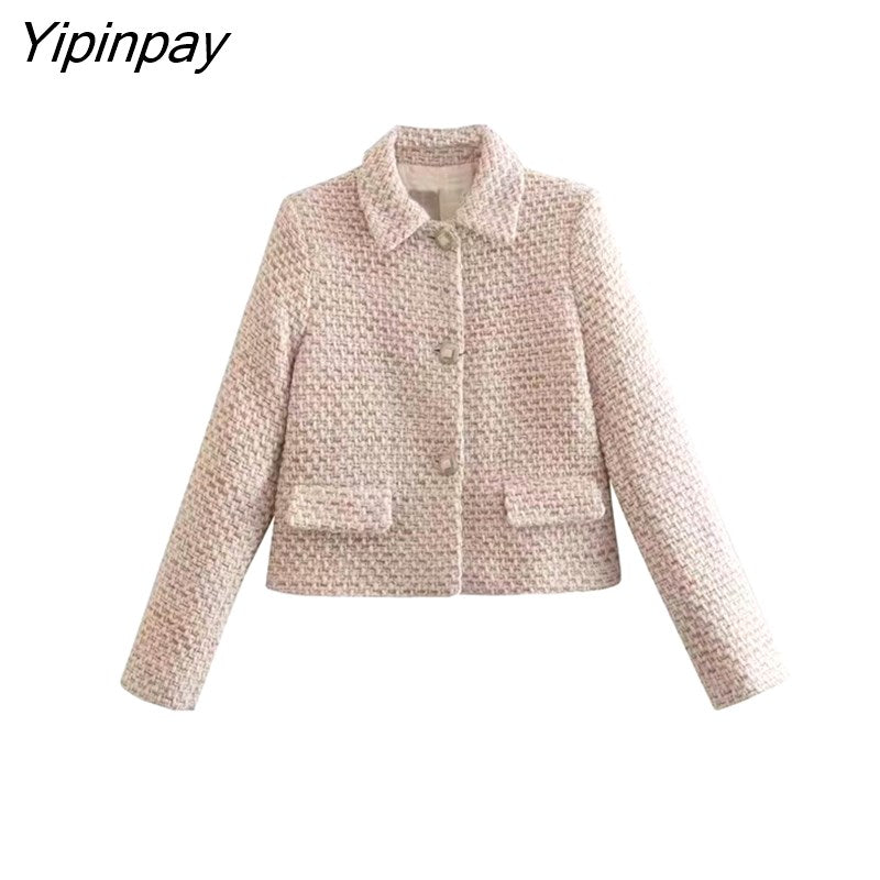 Yipinpay Women Plaid Blazer Coat 2023 Autumn Fashion Office Outfits Long Sleeve Flap Pockets Female Chic Street Outerwear