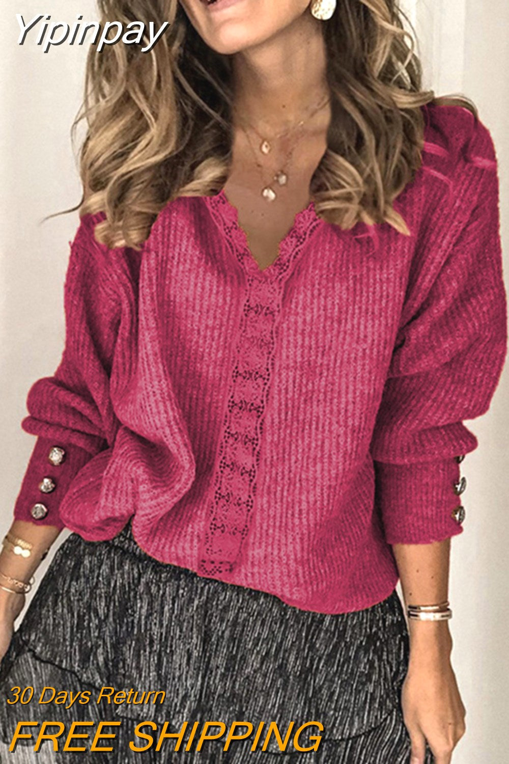 Yipinpay autumn and winter new lace V-neck coat head sweater ladies loose long sleeve solid color sweater pullover tops