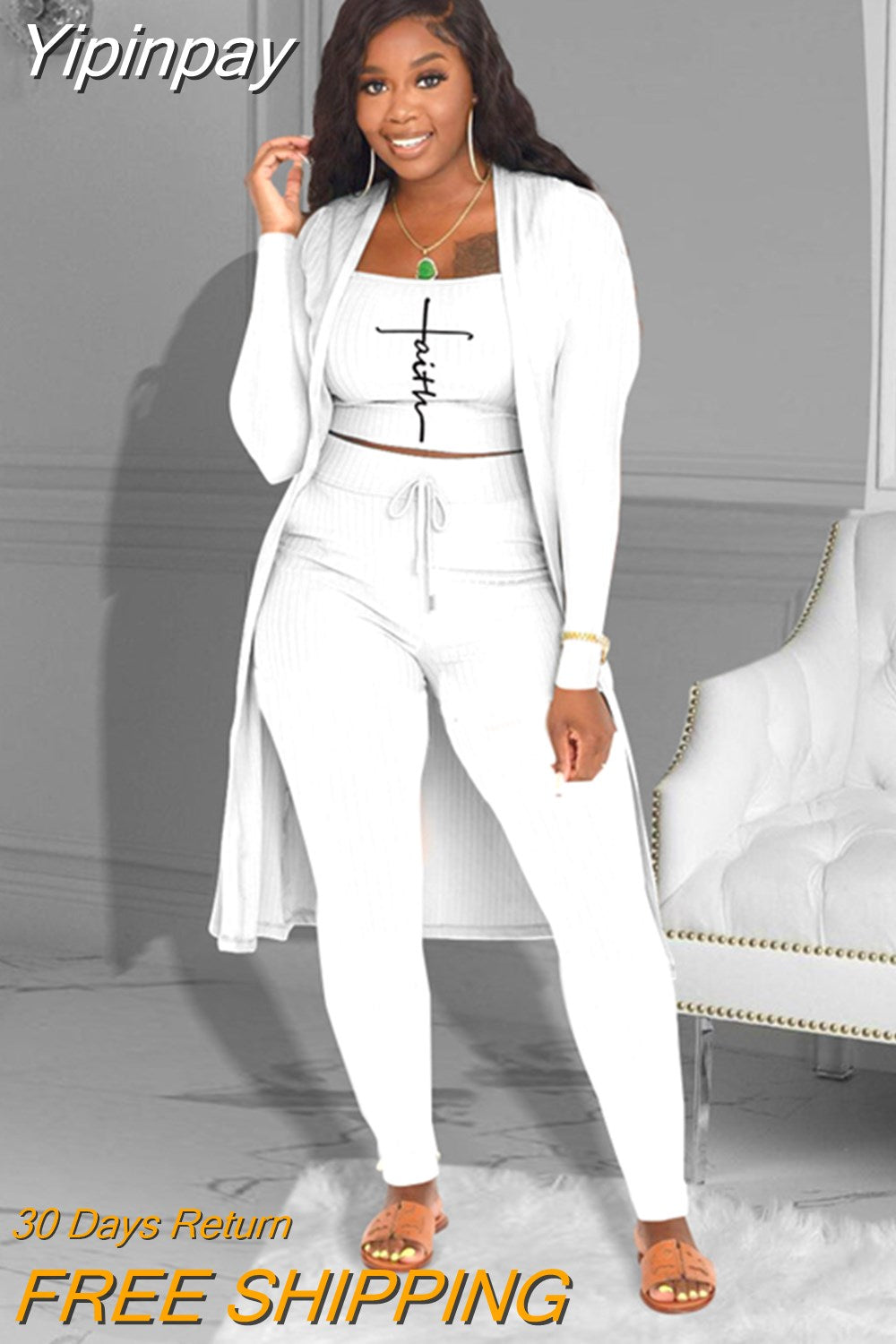 Yipinpay Letter Print Ribbed Top & Pants Set With Coat 2023 new female fashion suit outfits