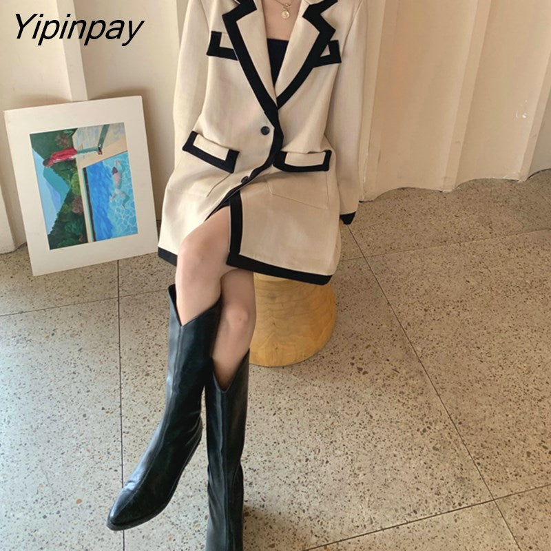 Yipinpay Women suits Patchwork suit coat Loose Long Elegant ladies overcoat Casual female suit 2023 HOT women jacket