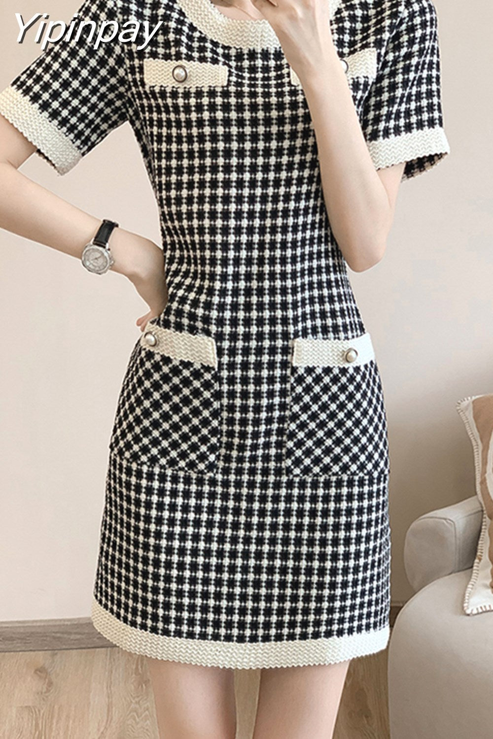 Yipinpay 2023 new style elegant temperament small fragrance high sense fashion casual short sleeved dress women