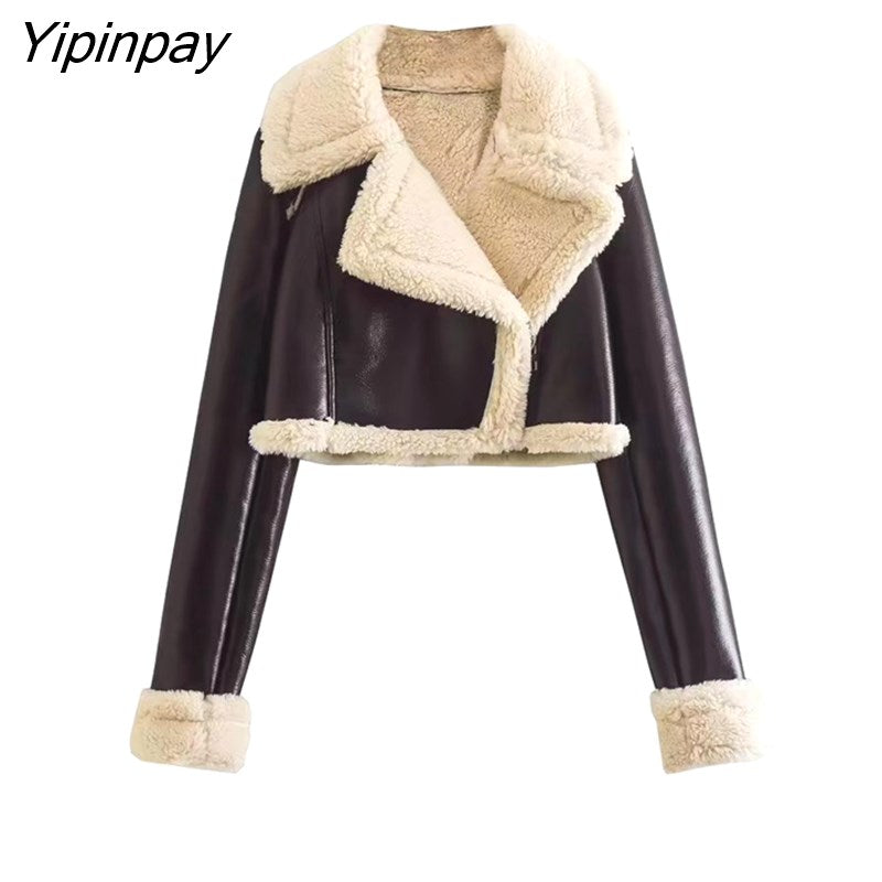 Yipinpay Women Fashion Thick Warm Faux Shearling Jacket Coat 2023 Vintage Long SleeveHem Female Short Outerwear Chic Tops