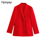 Yipinpay 2023 Spring Office Lady Red Blazer Suits Sets Women Fashion Double Breasted Jacket Solid High Waiste Zipper Straight Pants
