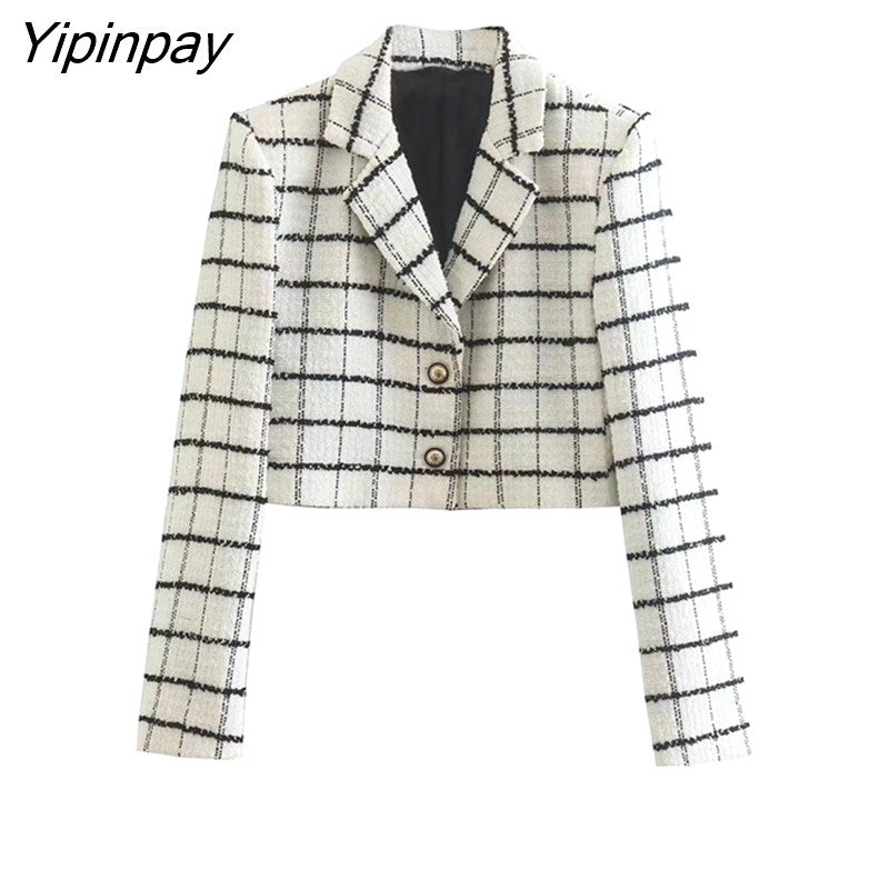 Yipinpay Cropped Women Plaid Blazer Jacket 2023 Autumn Female Fashion Streetwear Ladies Coat Pockets Short Long Sleeve Girls Outfit