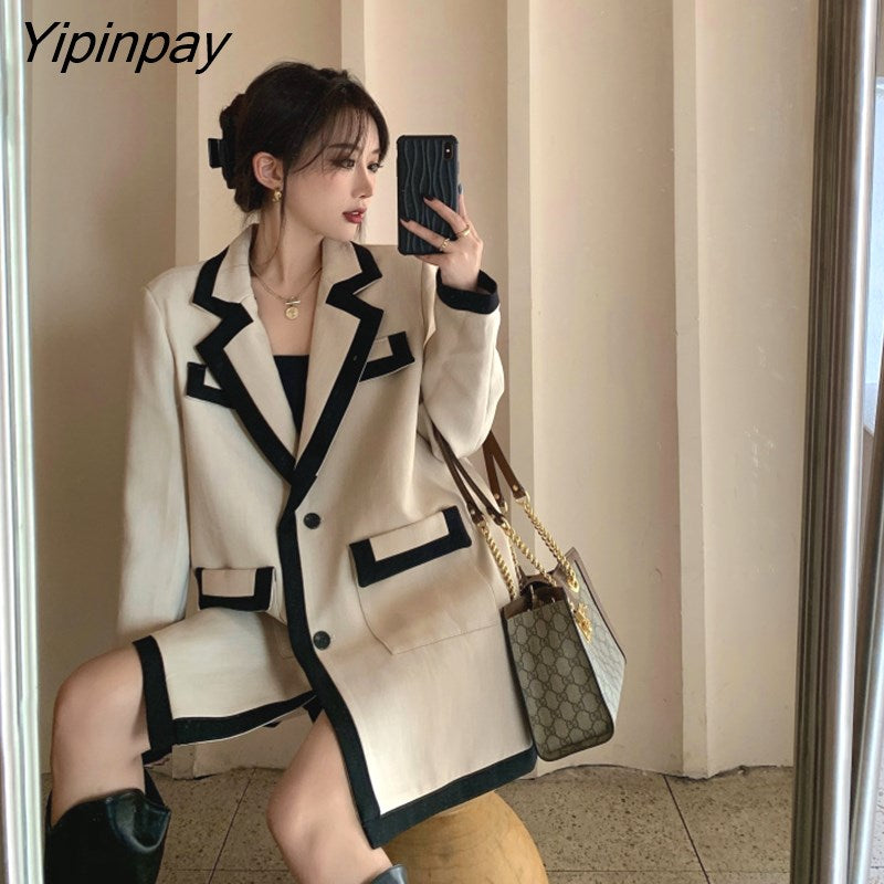 Yipinpay Women suits Patchwork suit coat Loose Long Elegant ladies overcoat Casual female suit 2023 HOT women jacket