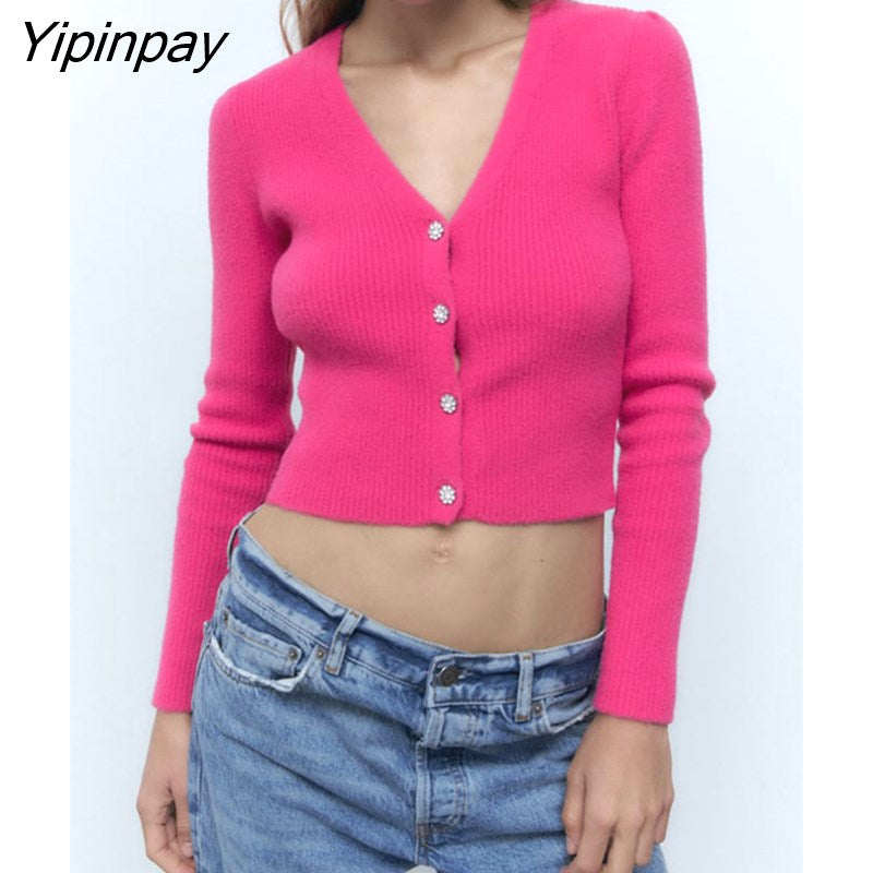 Yipinpay New Solid Ladies Knitted Sweater 2023 Autumn Winter Warm V-Neck Coat Single Breasted Cardigan Long Sleeve Harajuku Tops