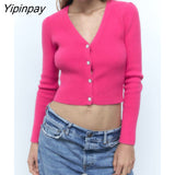 Yipinpay New Solid Ladies Knitted Sweater 2023 Autumn Winter Warm V-Neck Coat Single Breasted Cardigan Long Sleeve Harajuku Tops