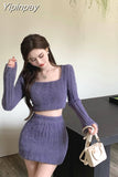 Yipinpay two piece skirt set Plush knit women long sleeve crop top +High waist midi skirts Elegant fall Winter 2023 white purple set