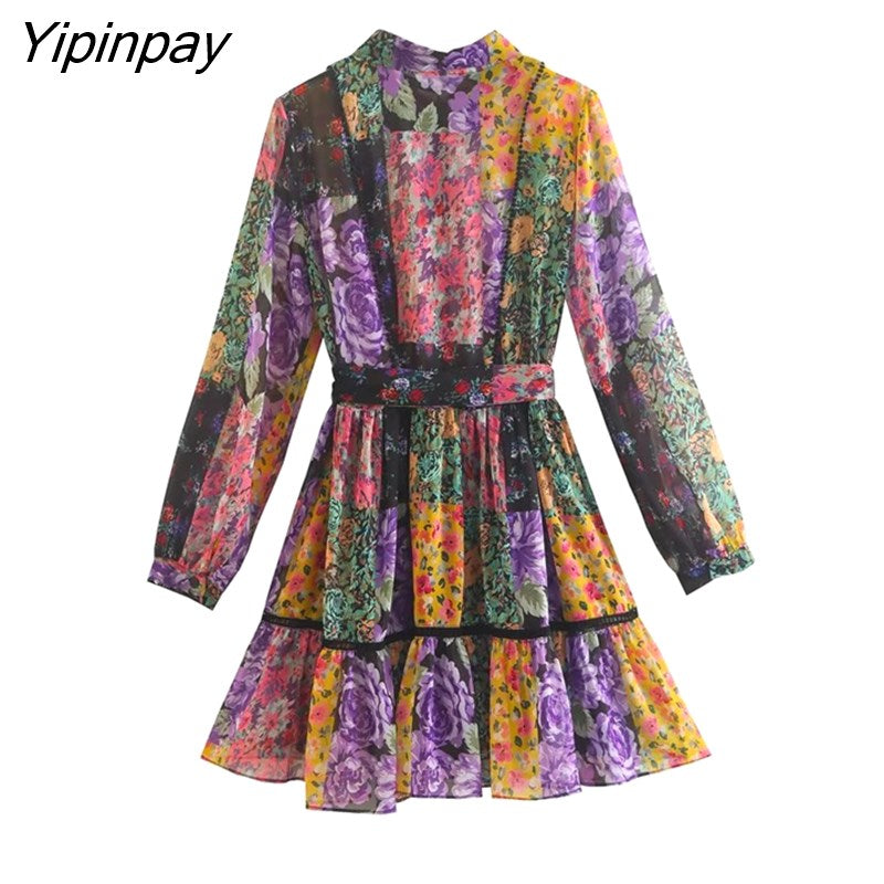 Yipinpay 2023 Spring Autumn Women Printed Mini Dresses With Belt Elegant Turn Down Collar Dress A-line Long Sleeve Vestidos