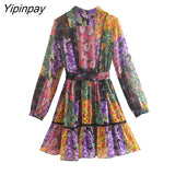 Yipinpay 2023 Spring Autumn Women Printed Mini Dresses With Belt Elegant Turn Down Collar Dress A-line Long Sleeve Vestidos