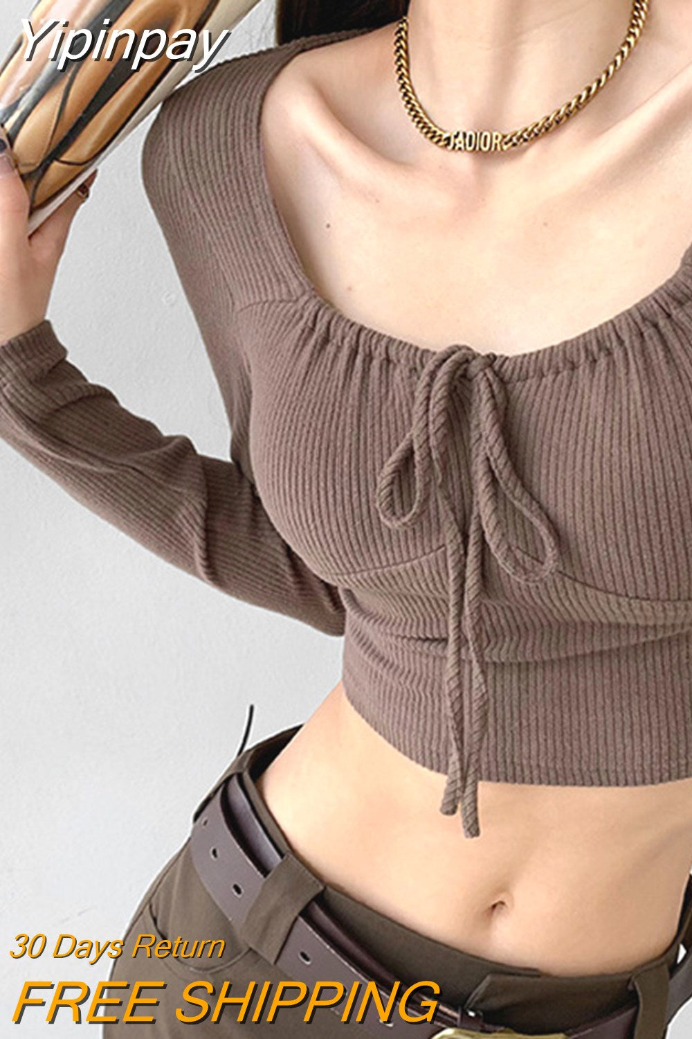 Yipinpay Drawstring Crop Tops Women Spring Autumn New Style Slim Square Neck Long Sleeve T-shirt for Teen Girls Ins Fashion