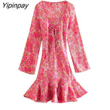 Yipinpay 2023 New Summer Women Print Dresses Fashion Deep V-neck A-line Dresses Long Sleeve Party Elegant Vestidos
