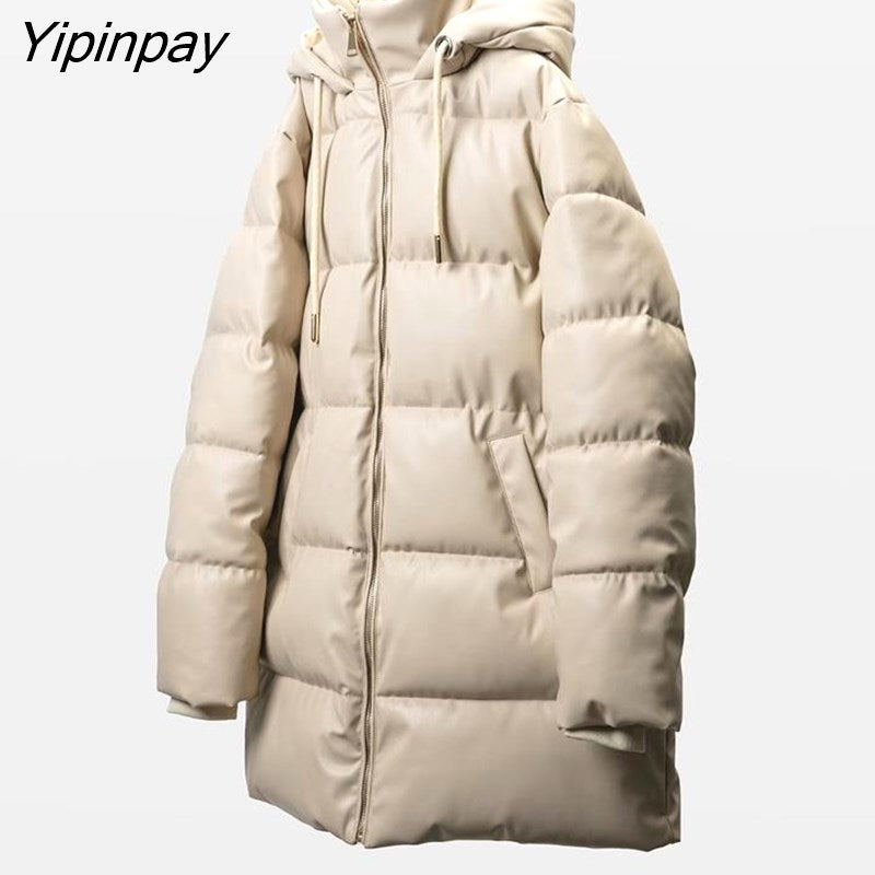Yipinpay Winter Women's Leather Cotton Coat 2023 Ladies Fashion Thicken Warm Hooded Parkas Casual Cold Street Zipper Outwear