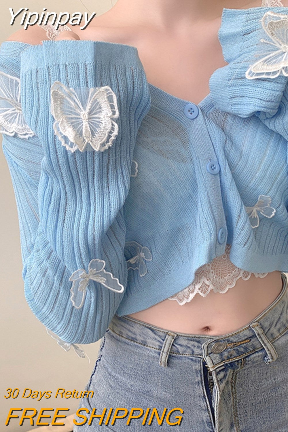 Yipinpay Knit Cardigans Women Korean Sexy V-Neck Fitness Crop Tops Ladies Summer Thin Long Sleeved Sunscreen Jackets