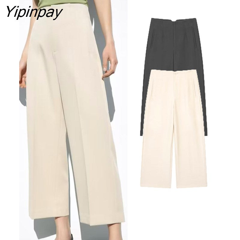 Yipinpay 2023 Solid Straight Pants For Women Fashion Causal High Waist Wide Leg Pants High Street Fashion Causal Trousers Two Colors