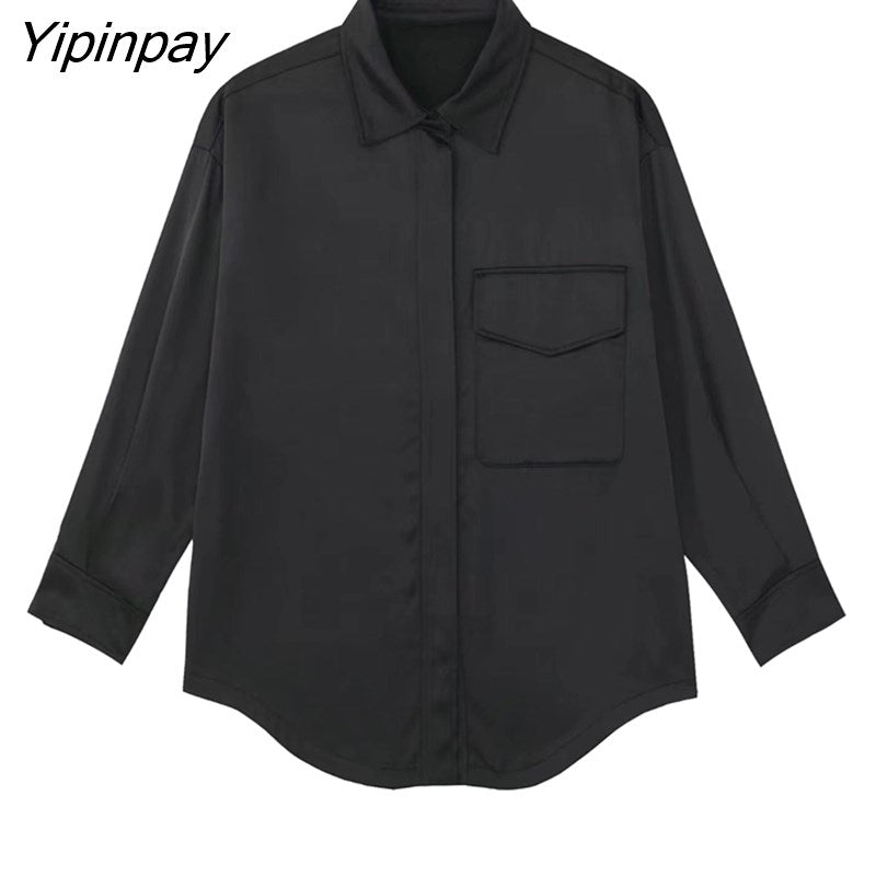 Yipinpay 2023 Spring Autumn Women Black Blouse Suit Oversized Fashion Single Breasted Pocket Top 2 Pcs Wide Leg Pants Street Outwear