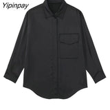 Yipinpay 2023 Spring Autumn Women Black Blouse Suit Oversized Fashion Single Breasted Pocket Top 2 Pcs Wide Leg Pants Street Outwear