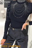 Yipinpay fashion woman blouses 2023 Rhinestone Decor Mock Neck Top pullover fall outfits women autumn winter female clothing