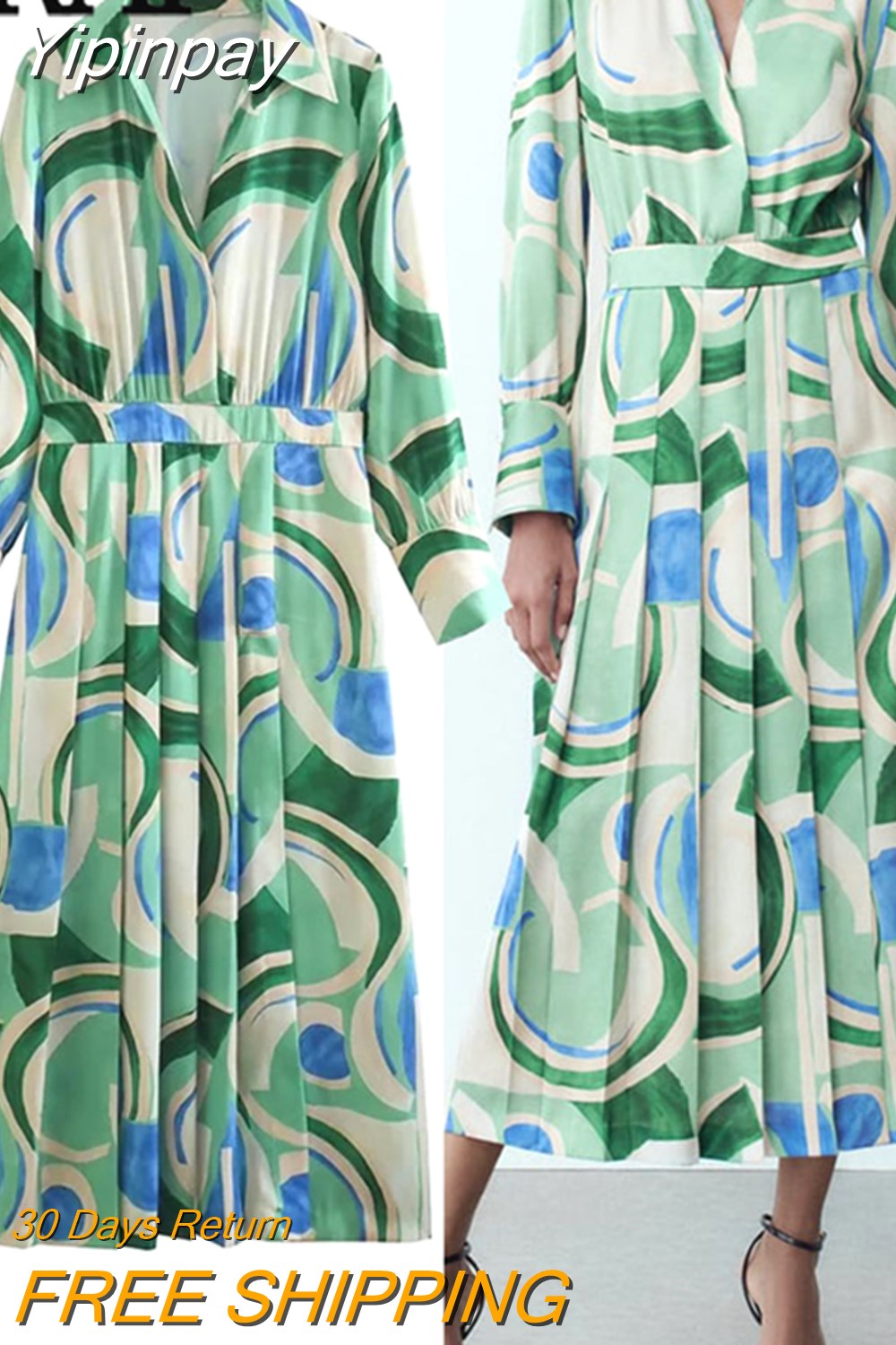 Yipinpay 2023 Printed Shirt Dress Woman Pleated Long Dress Women Long Sleeve Elegant Casual Women's Dresses Midi Party Dresses