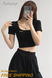 Yipinpay Square Neck Tops Women Summer Tight Short Sleeve Tees Solid Color Cropped Top Female 2023 New