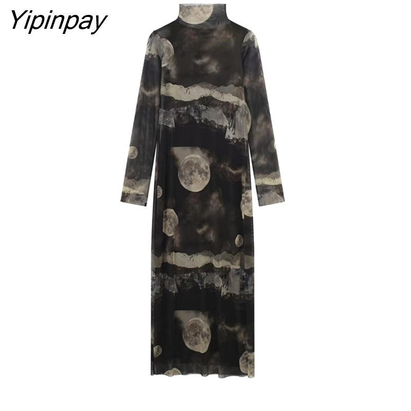 Yipinpay 2023 Ladies Printed Tulle Dresses Vintage Elegant Party Sheath Mid-Calf Dress Long Sleeve Turtleneck Vestidos Spring Autumn