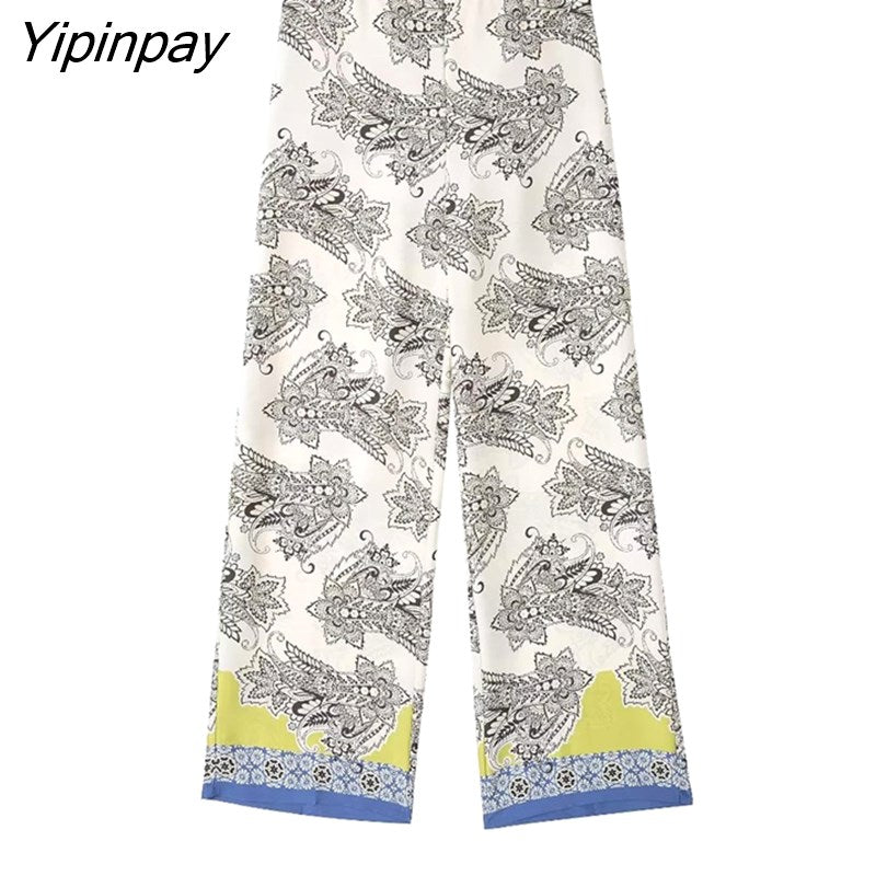Yipinpay 2023 Spring Autumn Women Printed Shirts Suit Oversized Fashion Single Breasted Blouses 2 Pcs Wide Leg Pants Street Outwear