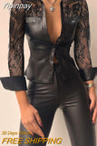 Yipinpay Women Solid  PU Leather Patchwork Lace Button Turn Down Collar Bodycon Working Sexy Blouse Tops