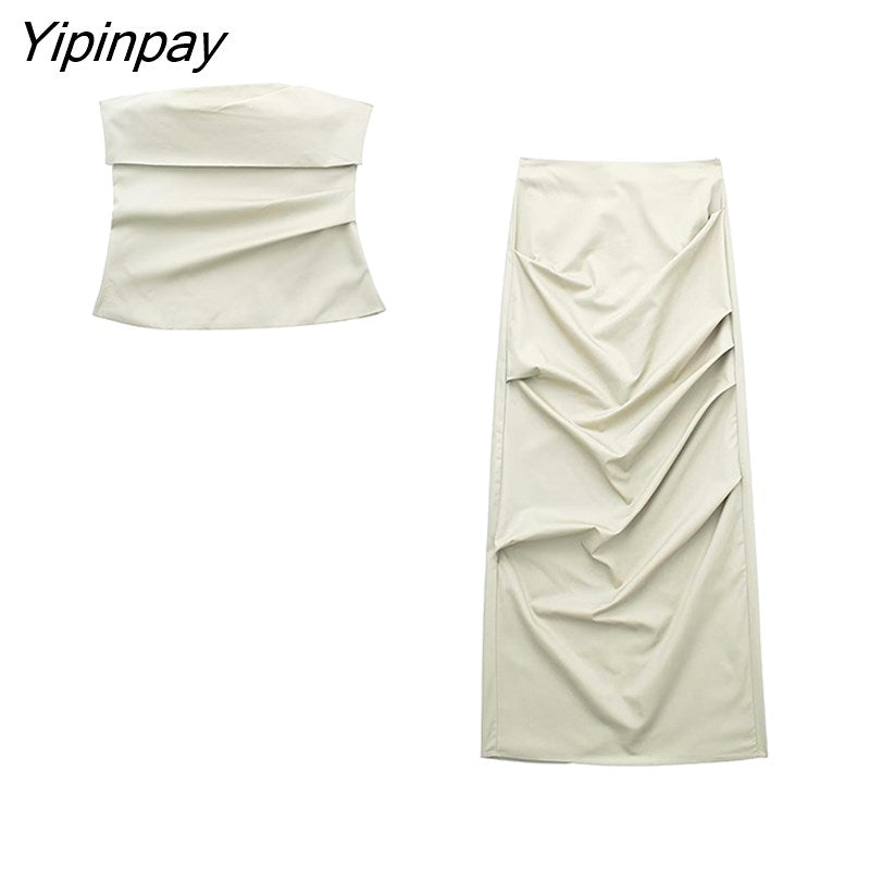Yipinpay 2023 Fashion Women Solid Folds Skirts Sets Spring Summer Causal Strapless Tops Back Slip Zipper Mid-Calf Skirts Suits