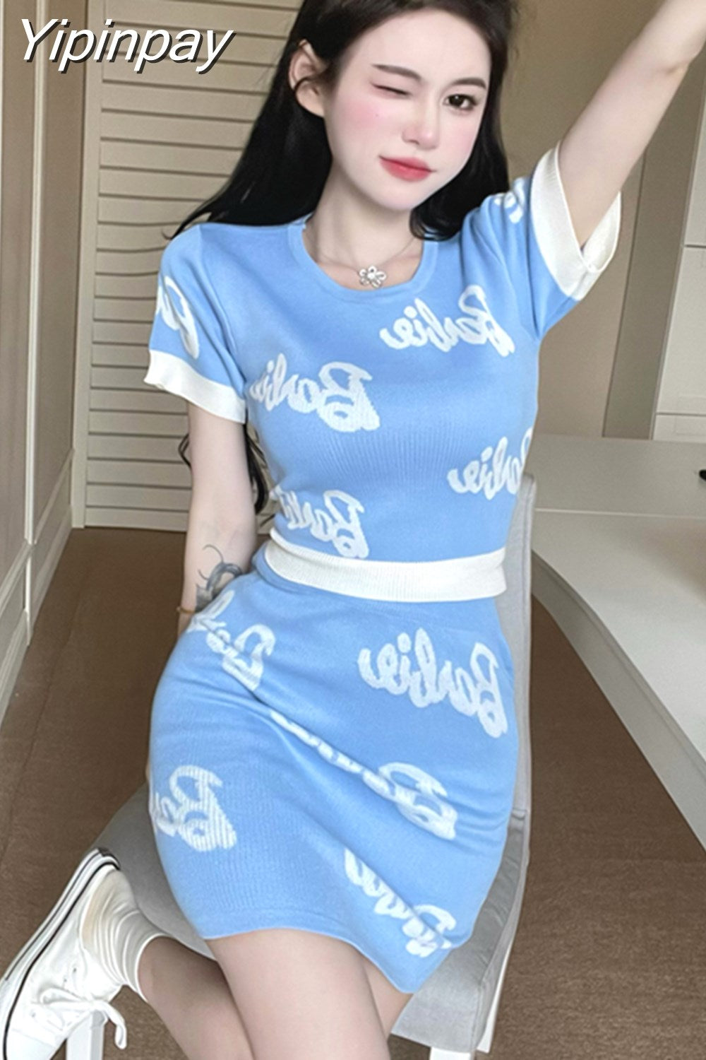 Yipinpay Knit Two Piece Set Top and Skirt O-Neck Crop Tops Women Kawaii Komplet Damski Lato Matching Sets Sexy Club Outfits Pink