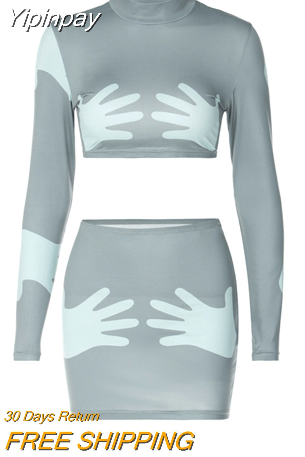 Yipinpay 3D Printed Palm Cropped Long-sleeved Top+Skirt 2 Piece Set Fall Outfits Women Street Fashion Casual Conjuntos De Vestidos