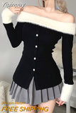 Yipinpay Winter Slim Vintage Black Tops Office Lady Long Sleeve Casual Pullover Elegant Korean Fashion Clothing Woman Button Design