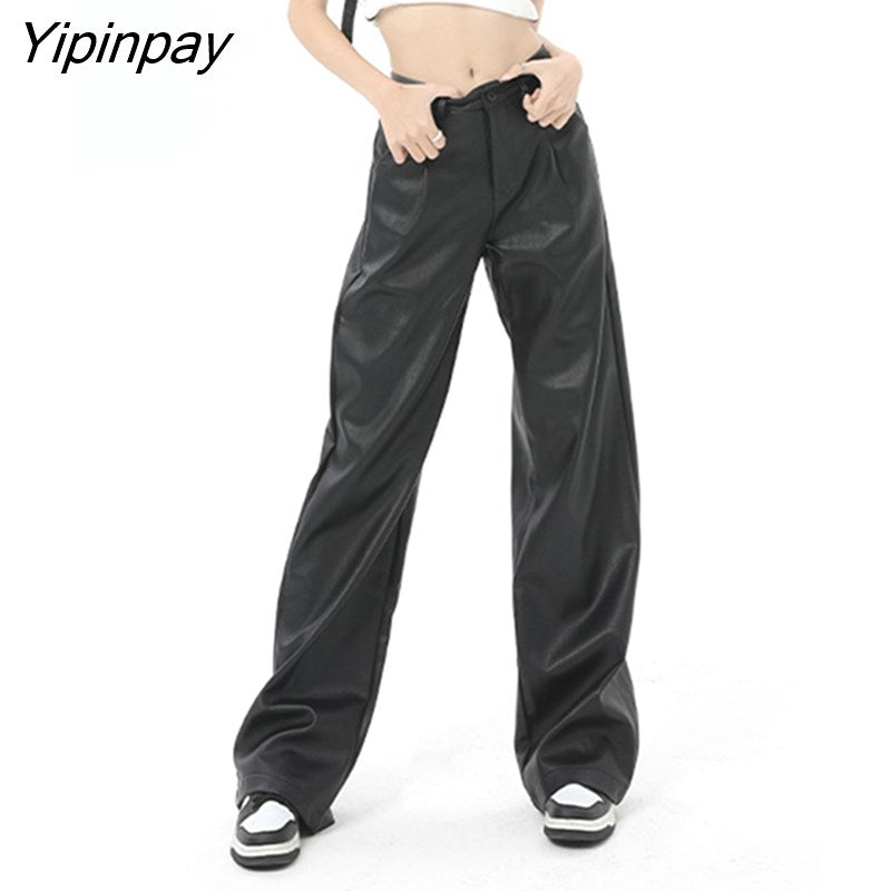 Yipinpay 2023 Spring Casual Straight Wide Leg Pants High Waisted Pu Leather Pants Ladies Solid Trousers