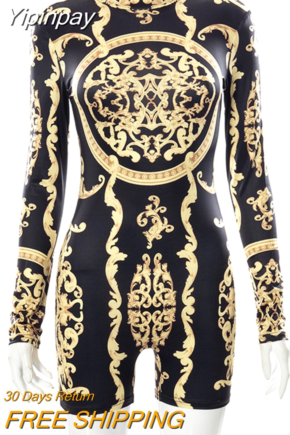 Yipinpay Retro Pattern Printed Bodysuit Women O Neck Tight Long Sleeves Sex For Woman Body Street Trend Temperament Tops Femme